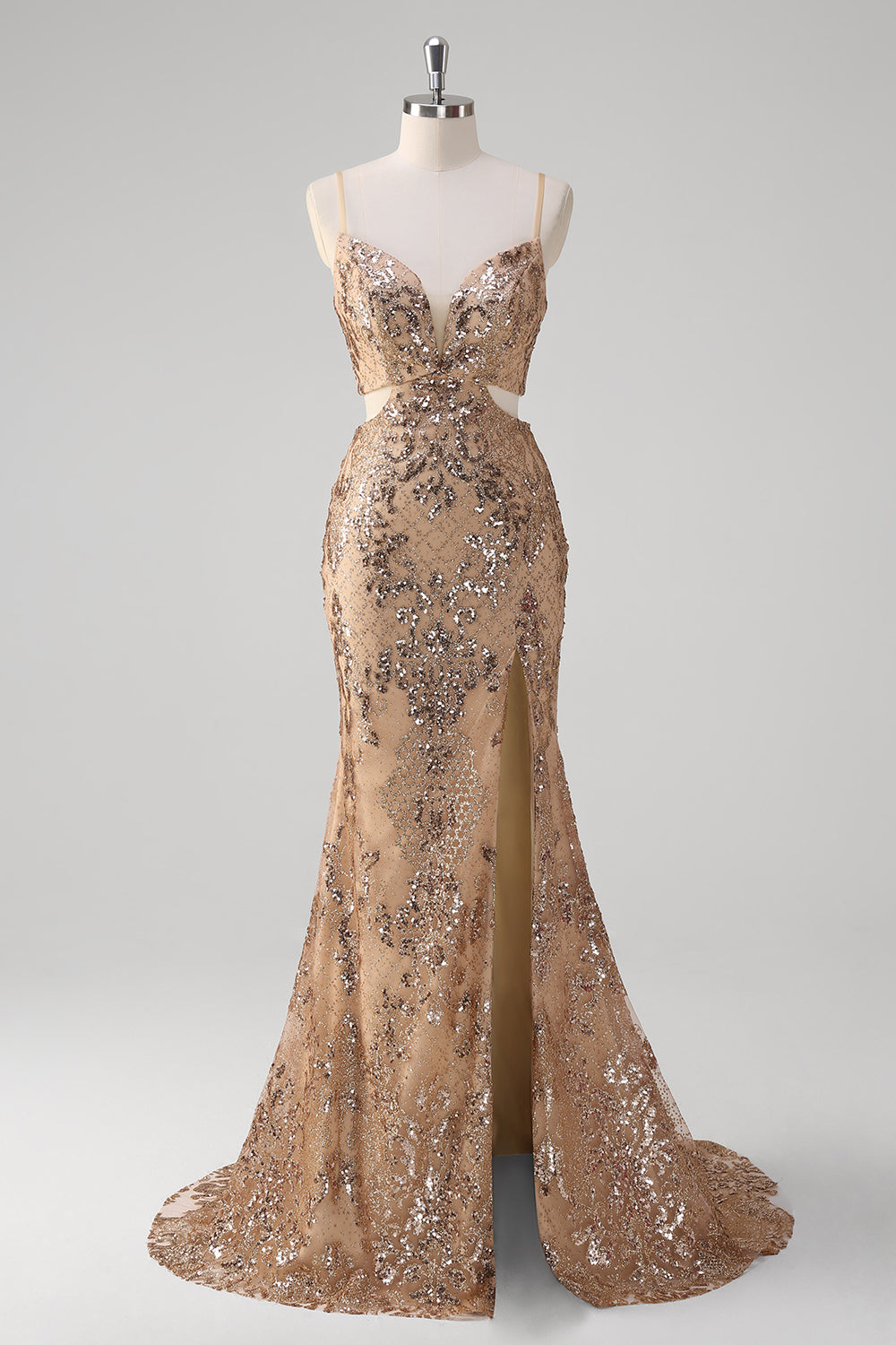 Zapakasa Women Sparkly Champagne Mermaid Applique Prom Dress Spaghetti Straps Evening Dress with Slit Zapakasa Women Sparkly Champagne Mermaid Applique Prom Dress Spaghetti Straps Evening Dress with Slit