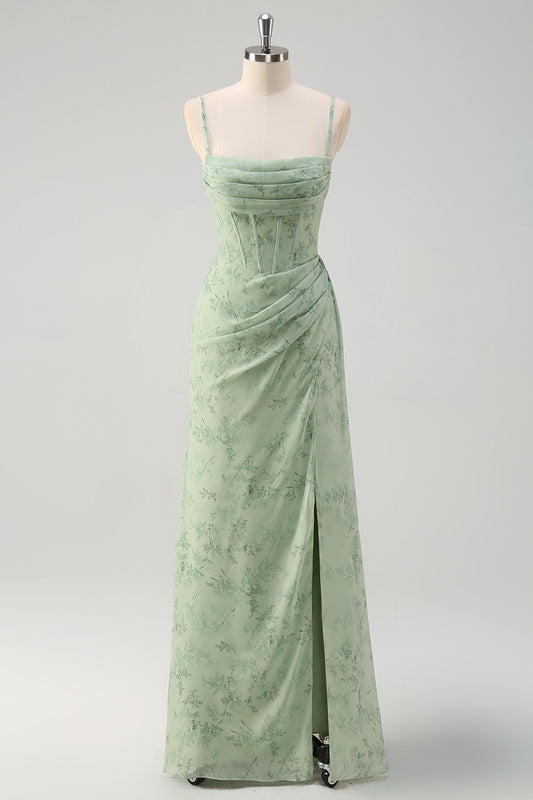 Floral Green Corset Long Bridesmaid Dress with Slit Sheath Spaghetti Straps Prom Dress