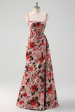 Pink Red Floral Spaghetti Straps Prom Dress with Slit Pink Red Floral Spaghetti Straps Prom Dress with Slit