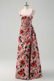 Pink Red Floral Spaghetti Straps Prom Dress with Slit Pink Red Floral Spaghetti Straps Prom Dress with Slit