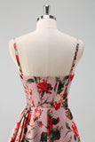 Pink Red Floral Spaghetti Straps Prom Dress with Slit Pink Red Floral Spaghetti Straps Prom Dress with Slit