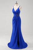 Royal Blue V-Neck Mermaid Applique V-Neck Long Prom Dress with Slit Royal Blue V-Neck Mermaid Applique V-Neck Long Prom Dress with Slit
