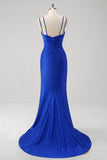 Royal Blue V-Neck Mermaid Applique V-Neck Long Prom Dress with Slit Royal Blue V-Neck Mermaid Applique V-Neck Long Prom Dress with Slit