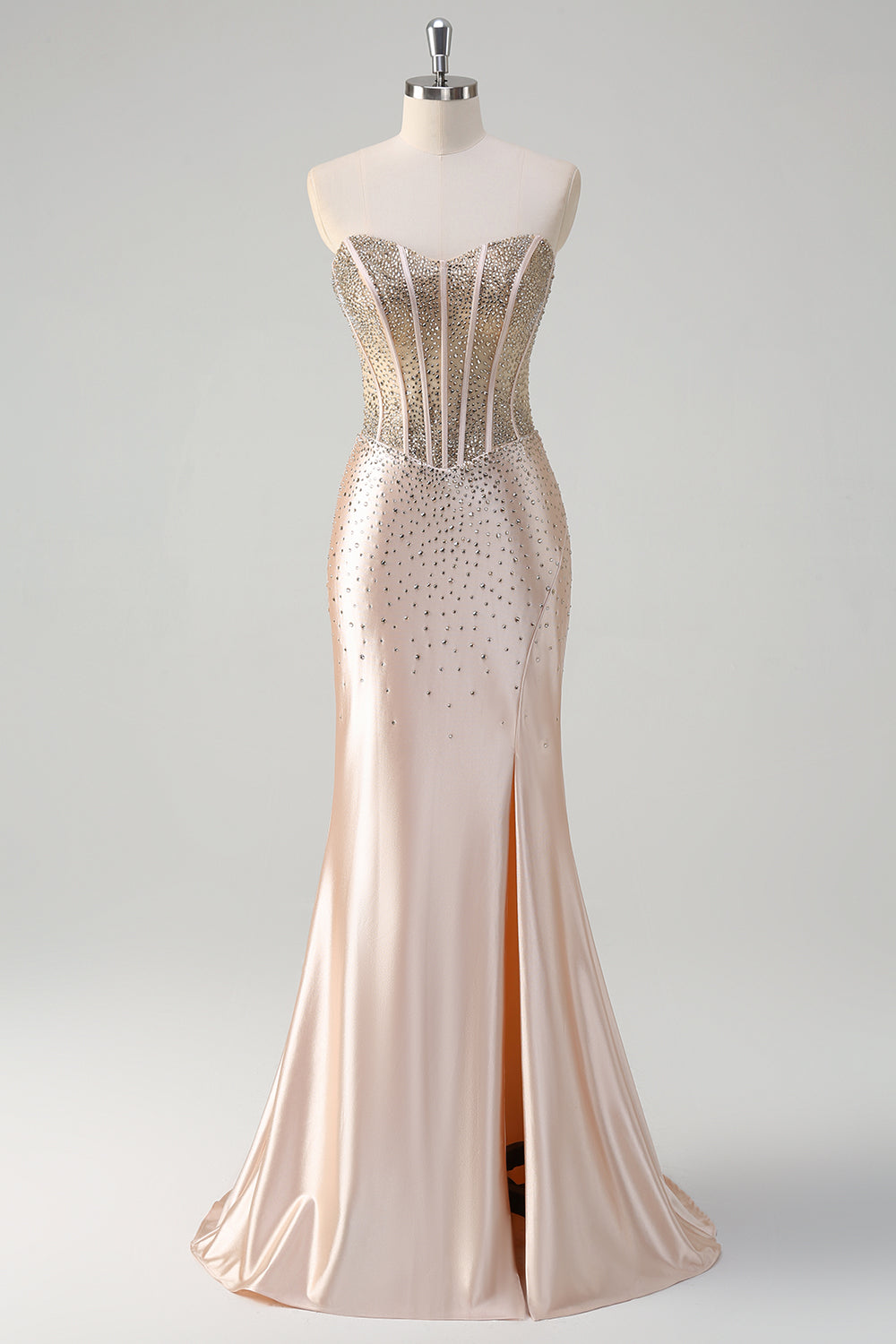 Zapakasa Women Champagne Beaded Mermaid Satin Prom Dress Sweetheart Sweep Train Formal Dress with Slit Zapakasa Women Champagne Beaded Mermaid Satin Prom Dress Sweetheart Sweep Train Formal Dress with Slit