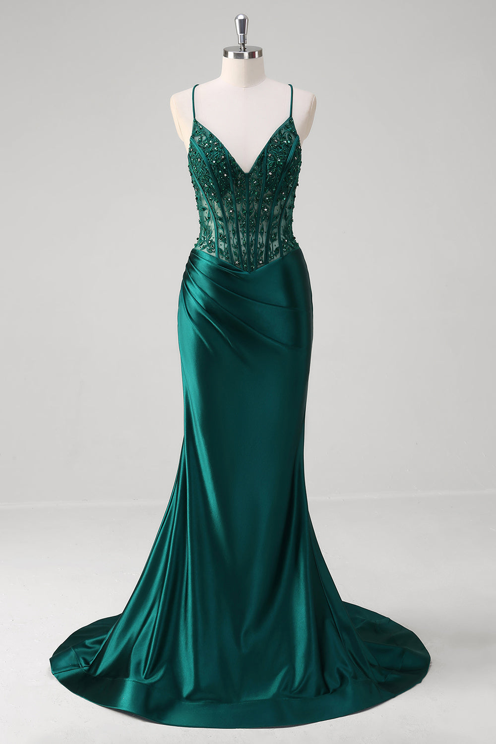 Zapakasa Women Sparkly Dark Green Mermaid Applique Prom Dress Ruched Spaghetti Straps Corset Evening Dress Zapakasa Women Sparkly Dark Green Mermaid Applique Prom Dress Ruched Spaghetti Straps Corset Evening Dress