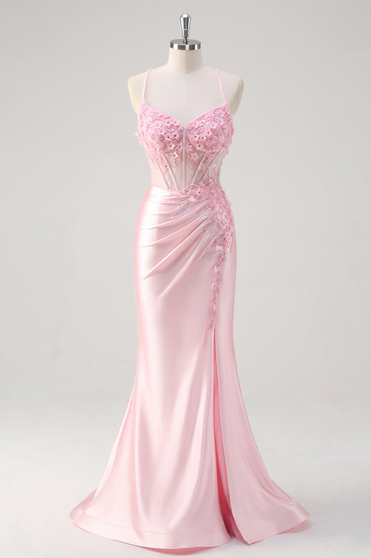 Pink Floral Mermaid Ruched Prom Dress with 3D Flowers Spaghetti Straps Applique Corset Evening Pageant Dress with Slit