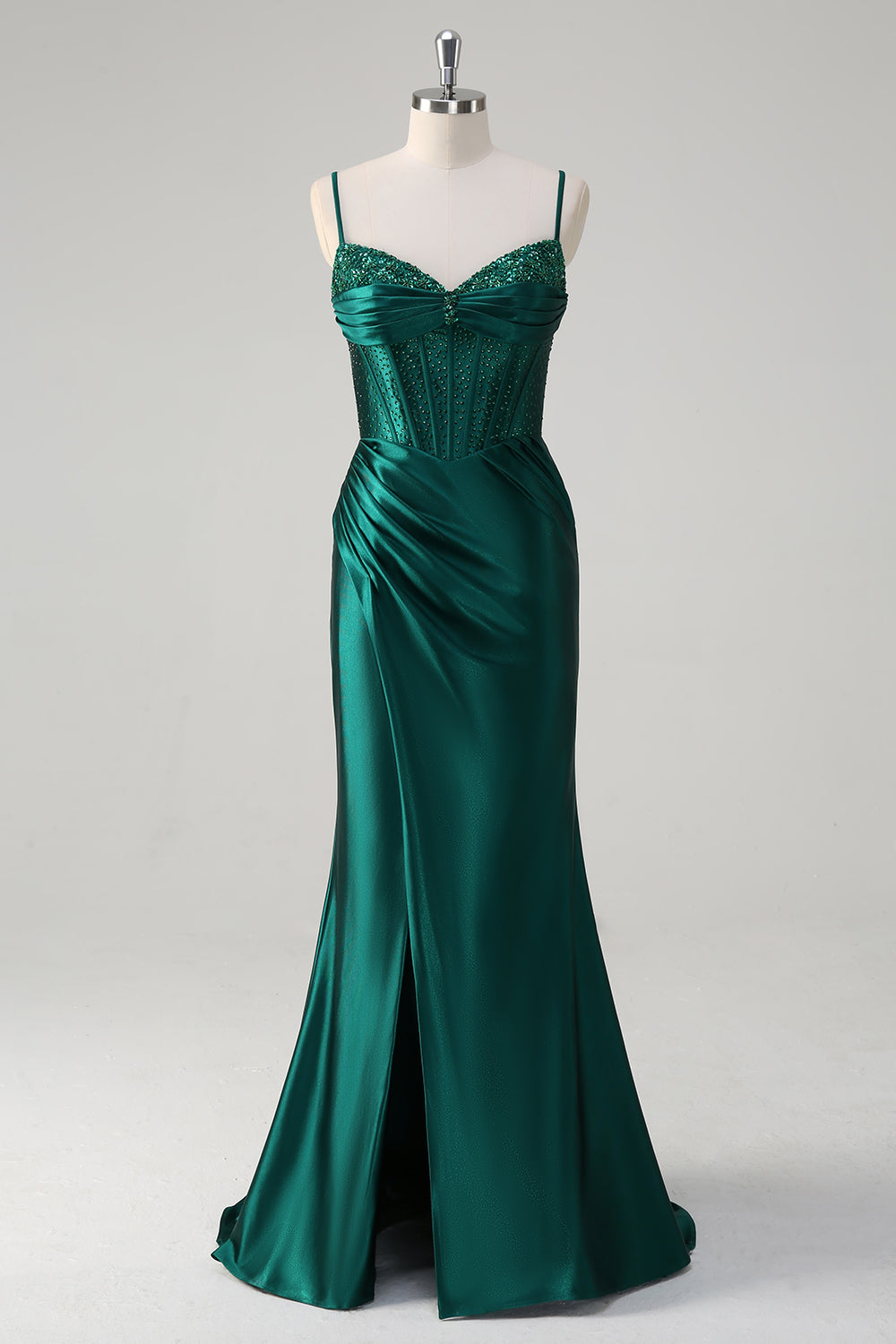 Zapakasa Women Dark Green Mermaid Sequined Prom Dress Ruched Spaghetti
