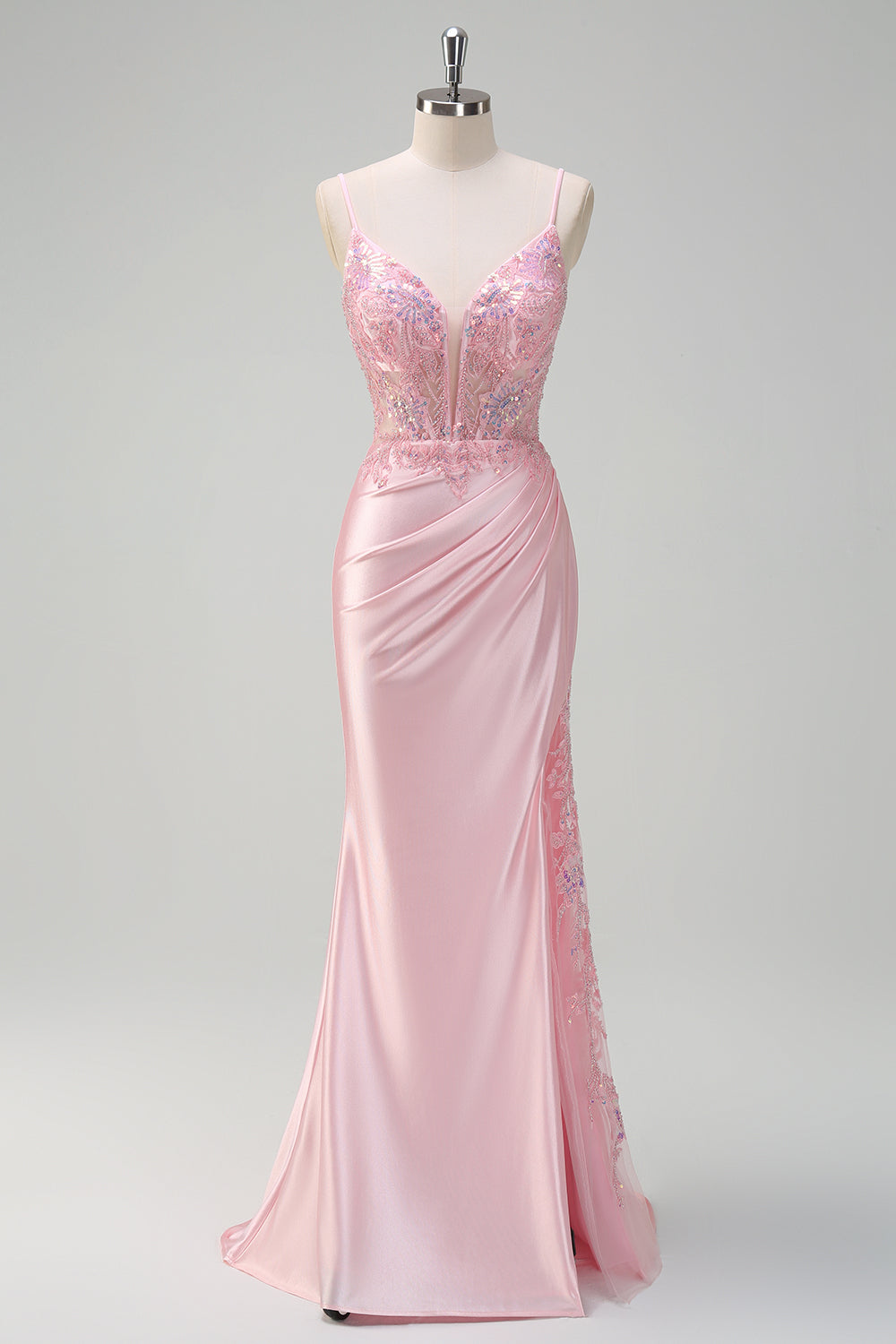 Zapaka Women Light Pink Sparkly Sequins Prom Dress Mermaid Spaghetti Straps Ruched Corset Long Formal Dress With Slit, Light Pink / US16W Zapaka Women Light Pink Sparkly Sequins Prom Dress Mermaid Spaghetti Straps Ruched Corset Long Formal Dress With Slit, Light Pink / US16W
