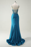 Sparkly Blue Spaghetti Straps V-Neck Ruched Long Prom Dress with Beading Sparkly Blue Spaghetti Straps V-Neck Ruched Long Prom Dress with Beading