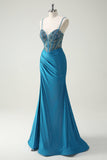 Sparkly Blue Spaghetti Straps V-Neck Ruched Long Prom Dress with Beading Sparkly Blue Spaghetti Straps V-Neck Ruched Long Prom Dress with Beading