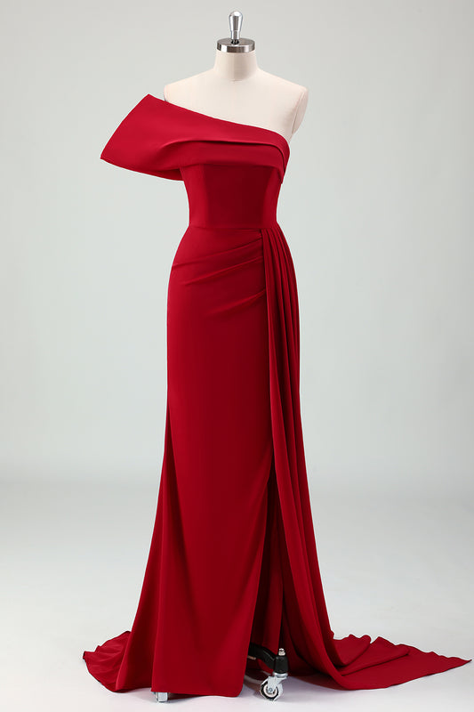 Burgundy Sheath One Shoulder Satin Long Bridesmaid Dress
