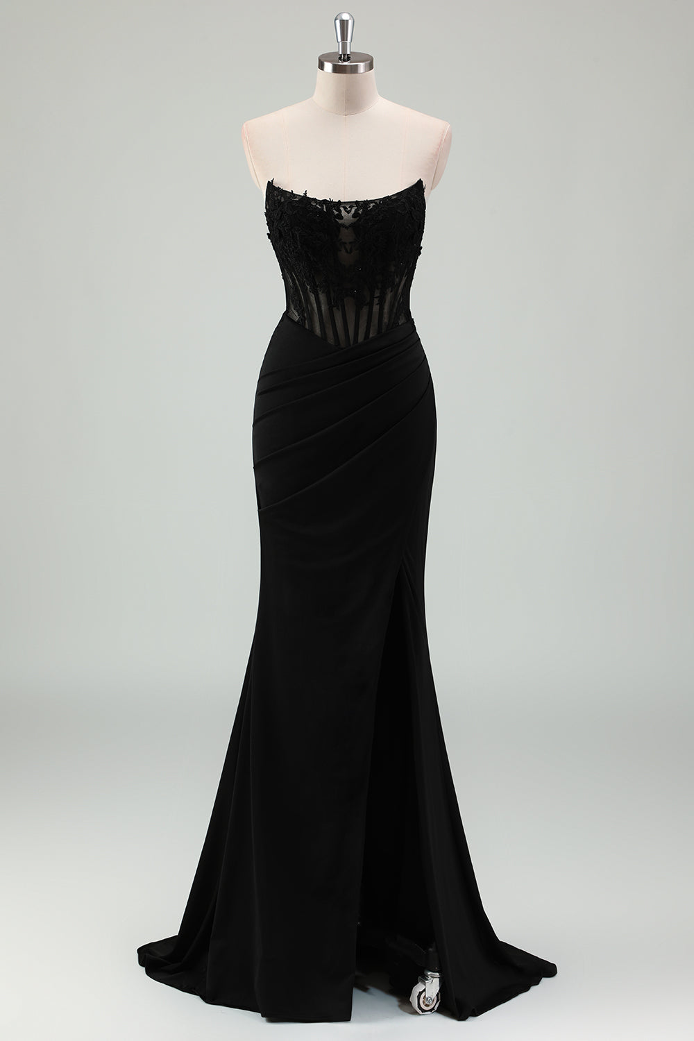Zapakasa Women Mermaid Black Corset Long Prom Dress with Slit Strapless