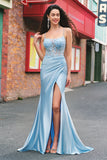 Blue Mermaid Appliqued Spaghetti Straps Corset Long Prom Dress with Slit Blue Mermaid Appliqued Spaghetti Straps Corset Long Prom Dress with Slit
