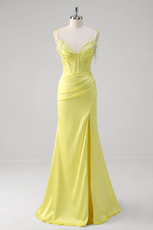 Yellow Mermaid Beaded Applique Spaghetti Straps Long Prom Dress with Slit