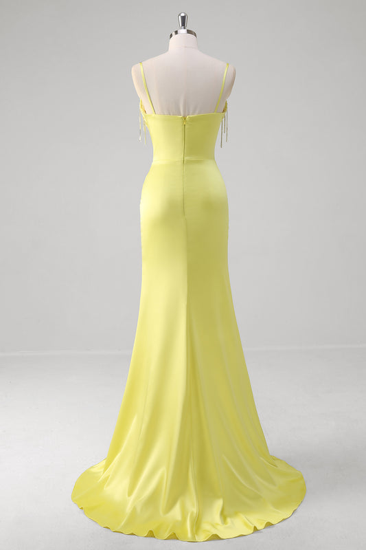 Yellow Mermaid Beaded Applique Spaghetti Straps Long Prom Dress with Slit