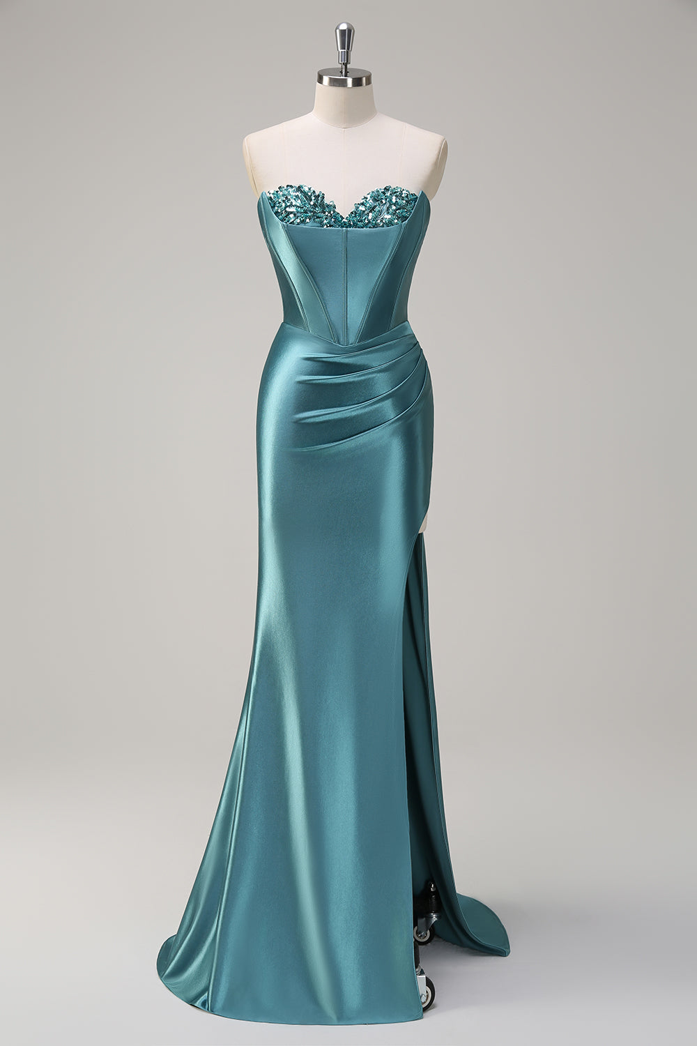 Zapakasa Women Grey Green Mermaid Satin Long Corset Prom Dress with Slit Sweetheart Sequined Formal Dress Zapakasa Women Grey Green Mermaid Satin Long Corset Prom Dress with Slit Sweetheart Sequined Formal Dress