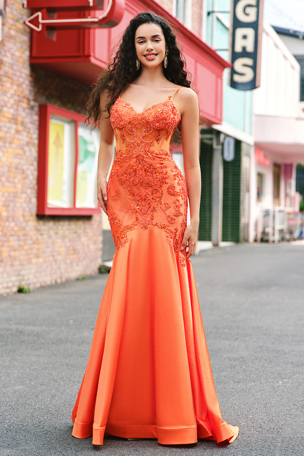 Sparkly Orange Mermaid Spaghetti Straps Beaded Corset Prom Dress with Lace Sparkly Orange Mermaid Spaghetti Straps Beaded Corset Prom Dress with Lace