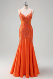 Sparkly Orange Mermaid Spaghetti Straps Beaded Corset Prom Dress with Lace Sparkly Orange Mermaid Spaghetti Straps Beaded Corset Prom Dress with Lace