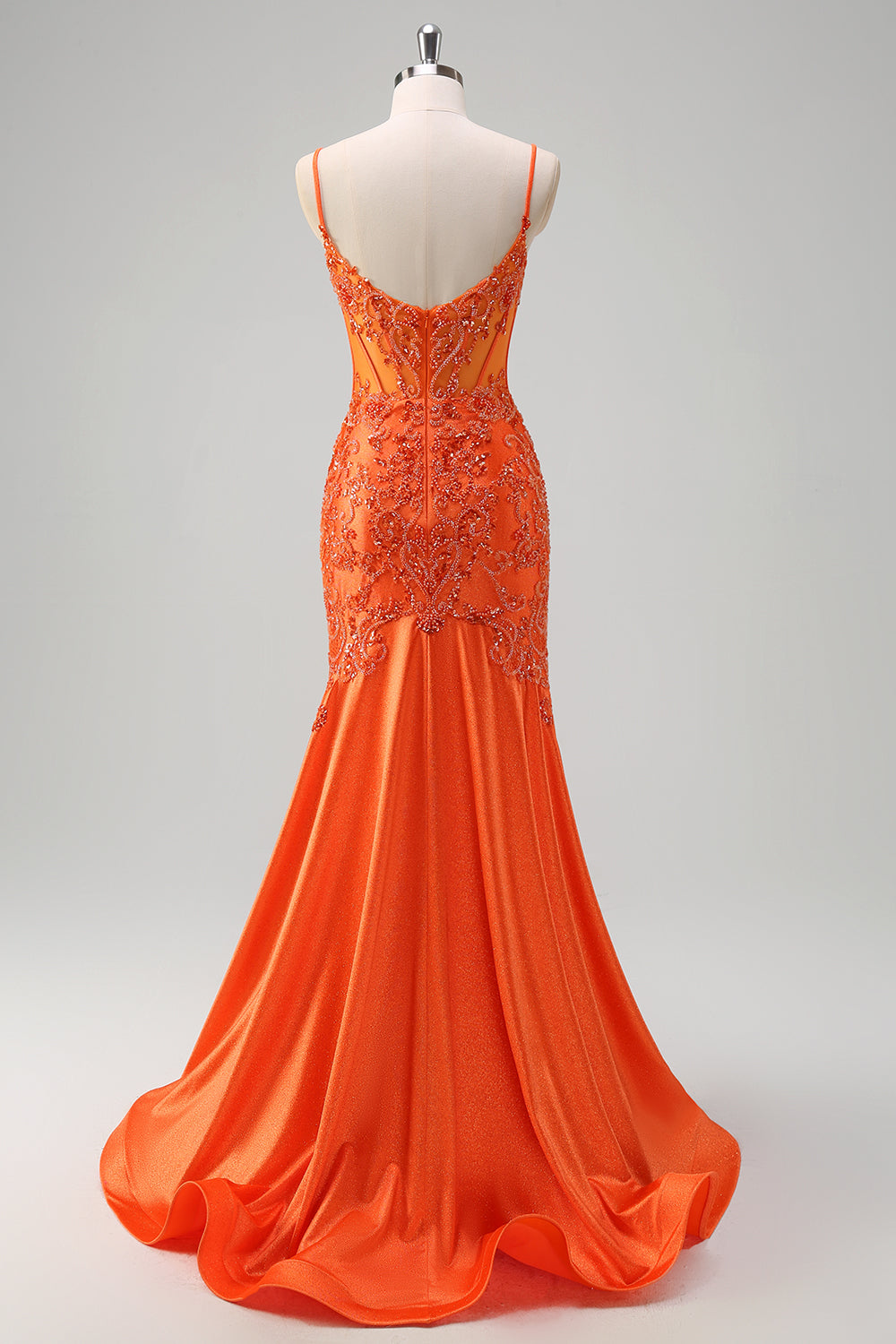 Sparkly Orange Mermaid Spaghetti Straps Beaded Corset Prom Dress with Lace Sparkly Orange Mermaid Spaghetti Straps Beaded Corset Prom Dress with Lace