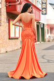 Sparkly Orange Mermaid Spaghetti Straps Beaded Corset Prom Dress with Lace Sparkly Orange Mermaid Spaghetti Straps Beaded Corset Prom Dress with Lace
