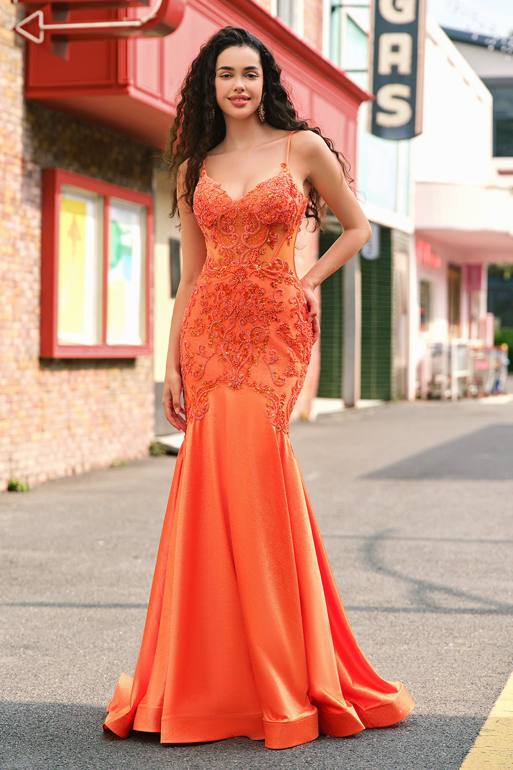 Sparkly Orange Mermaid Spaghetti Straps Beaded Corset Prom Dress with Lace Sparkly Orange Mermaid Spaghetti Straps Beaded Corset Prom Dress with Lace