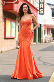 Sparkly Orange Mermaid Spaghetti Straps Beaded Corset Prom Dress with Lace Sparkly Orange Mermaid Spaghetti Straps Beaded Corset Prom Dress with Lace