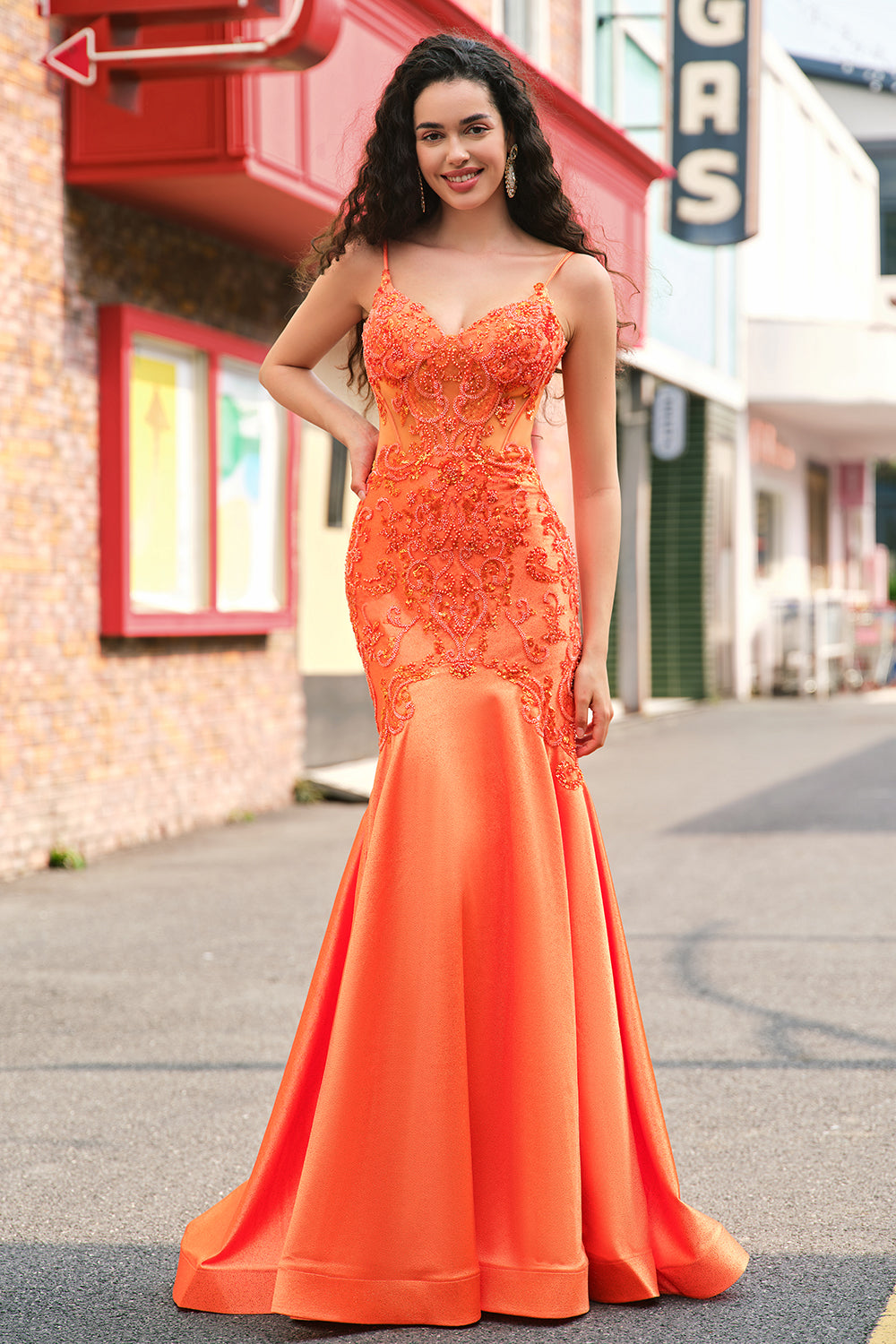 Sparkly Orange Mermaid Spaghetti Straps Beaded Corset Prom Dress with Lace Sparkly Orange Mermaid Spaghetti Straps Beaded Corset Prom Dress with Lace