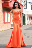 Sparkly Orange Mermaid Spaghetti Straps Beaded Corset Prom Dress with Lace Sparkly Orange Mermaid Spaghetti Straps Beaded Corset Prom Dress with Lace