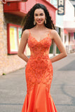 Sparkly Orange Mermaid Spaghetti Straps Beaded Corset Prom Dress with Lace Sparkly Orange Mermaid Spaghetti Straps Beaded Corset Prom Dress with Lace