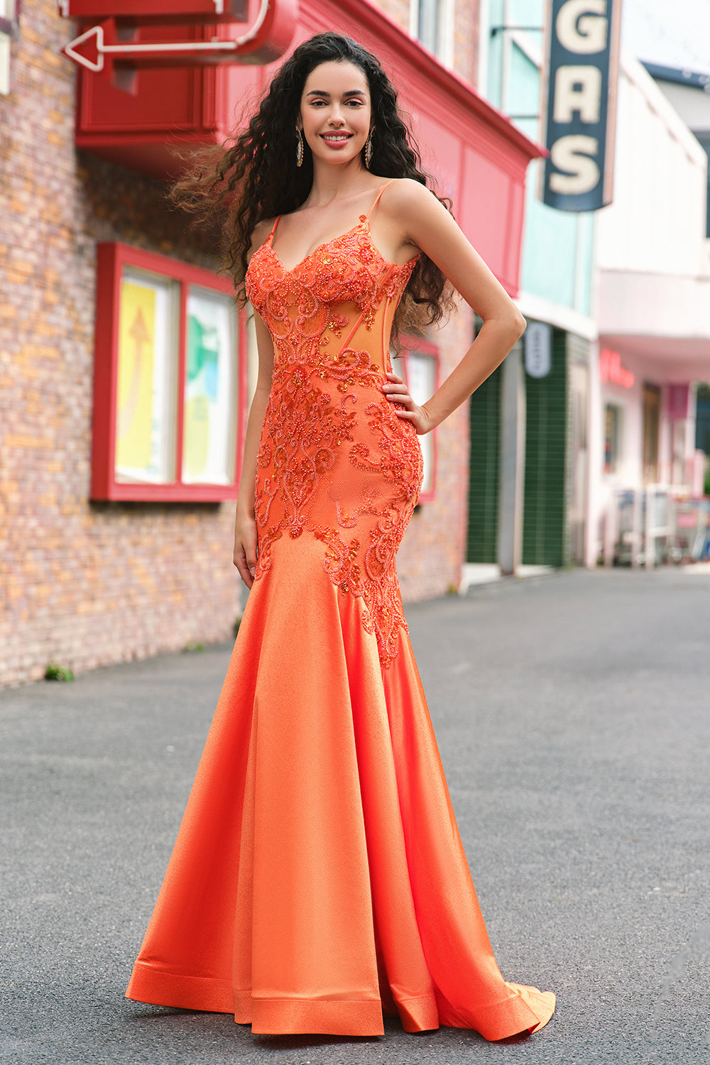 Sparkly Orange Mermaid Spaghetti Straps Beaded Corset Prom Dress with Lace Sparkly Orange Mermaid Spaghetti Straps Beaded Corset Prom Dress with Lace