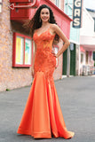 Sparkly Orange Mermaid Spaghetti Straps Beaded Corset Prom Dress with Lace Sparkly Orange Mermaid Spaghetti Straps Beaded Corset Prom Dress with Lace