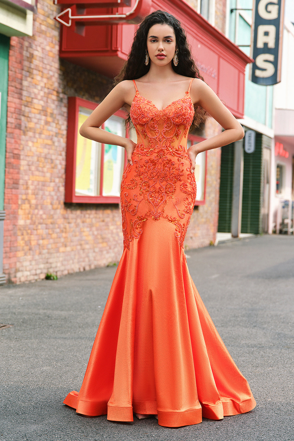 Sparkly Orange Mermaid Spaghetti Straps Beaded Corset Prom Dress with Lace Sparkly Orange Mermaid Spaghetti Straps Beaded Corset Prom Dress with Lace