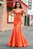Sparkly Orange Mermaid Spaghetti Straps Beaded Corset Prom Dress with Lace Sparkly Orange Mermaid Spaghetti Straps Beaded Corset Prom Dress with Lace