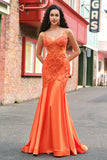 Sparkly Orange Mermaid Spaghetti Straps Beaded Corset Prom Dress with Lace Sparkly Orange Mermaid Spaghetti Straps Beaded Corset Prom Dress with Lace
