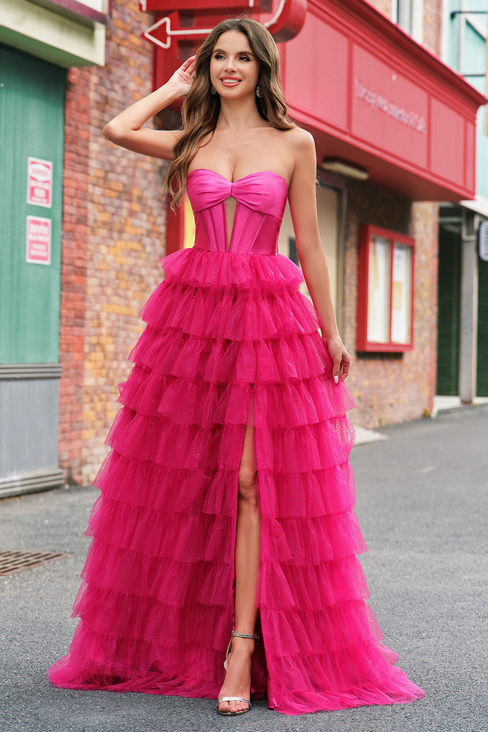 Fuchsia Sweetheart Keyhole Ruffled Tulle Long Princess Prom Dresses with Slit Fuchsia Sweetheart Keyhole Ruffled Tulle Long Princess Prom Dresses with Slit