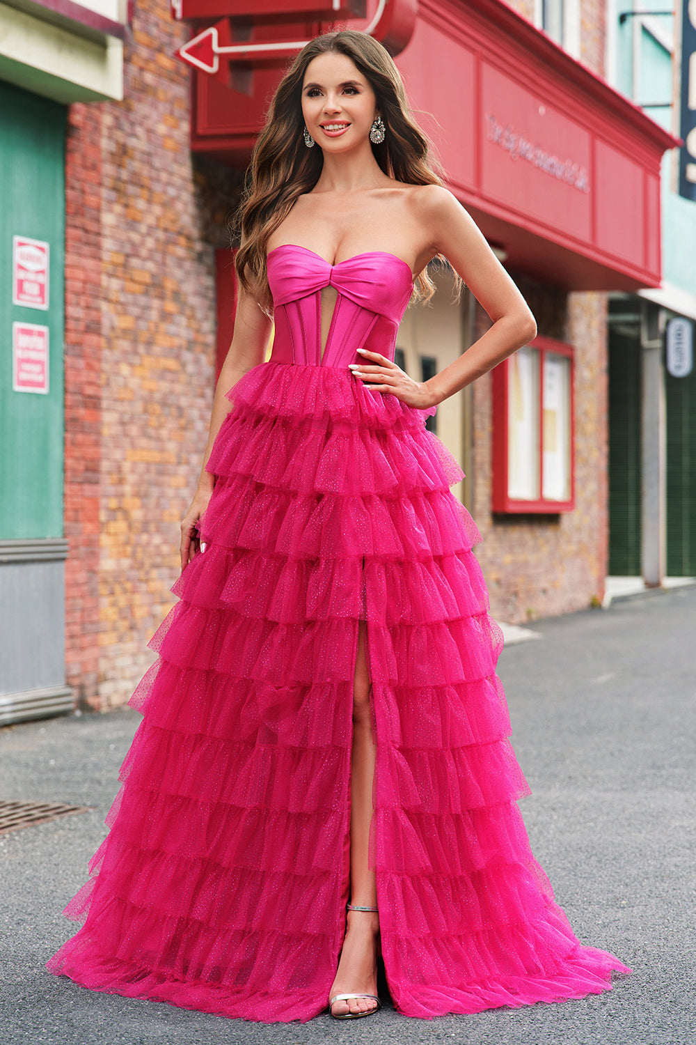 Fuchsia Sweetheart Keyhole Ruffled Tulle Long Princess Prom Dresses with Slit Fuchsia Sweetheart Keyhole Ruffled Tulle Long Princess Prom Dresses with Slit