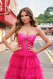Fuchsia Sweetheart Keyhole Ruffled Tulle Long Princess Prom Dresses with Slit Fuchsia Sweetheart Keyhole Ruffled Tulle Long Princess Prom Dresses with Slit