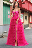 Fuchsia Sweetheart Keyhole Ruffled Tulle Long Princess Prom Dresses with Slit Fuchsia Sweetheart Keyhole Ruffled Tulle Long Princess Prom Dresses with Slit