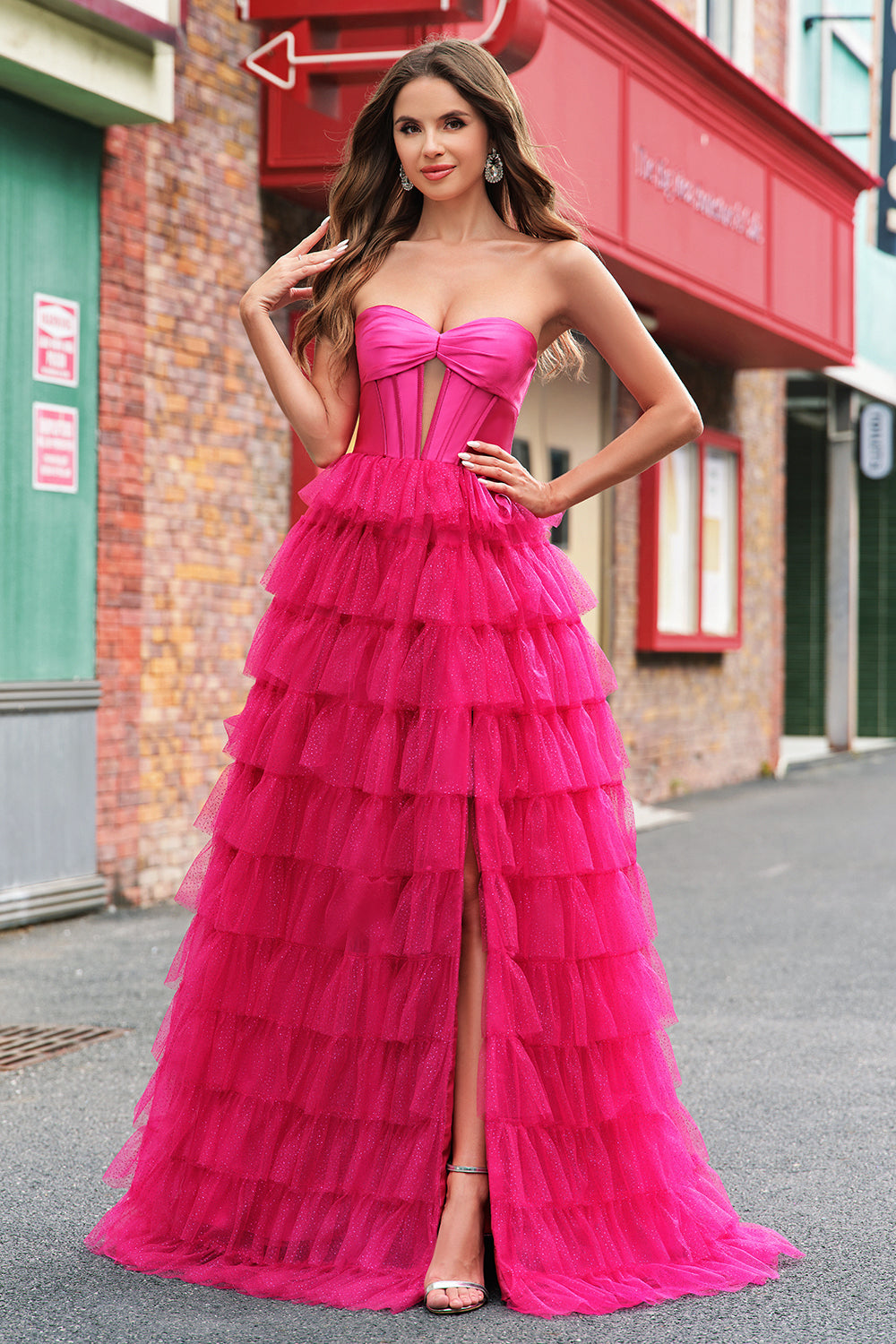 Fuchsia Sweetheart Keyhole Ruffled Tulle Long Princess Prom Dresses with Slit Fuchsia Sweetheart Keyhole Ruffled Tulle Long Princess Prom Dresses with Slit
