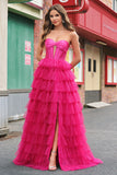 Fuchsia Sweetheart Keyhole Ruffled Tulle Long Princess Prom Dresses with Slit Fuchsia Sweetheart Keyhole Ruffled Tulle Long Princess Prom Dresses with Slit