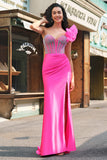 Sparkly Fuchsia Mermaid Ruffled One Shoulder Long Prom Dress with Slit Sparkly Fuchsia Mermaid Ruffled One Shoulder Long Prom Dress with Slit