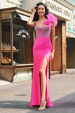 Sparkly Fuchsia Mermaid Ruffled One Shoulder Long Prom Dress with Slit Sparkly Fuchsia Mermaid Ruffled One Shoulder Long Prom Dress with Slit