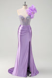 Sparkly Lilac Mermaid Beaded Corset One Shoulder Long Prom Dress with Slit Sparkly Lilac Mermaid Beaded Corset One Shoulder Long Prom Dress with Slit