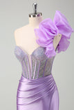 Sparkly Lilac Mermaid Beaded Corset One Shoulder Long Prom Dress with Slit Sparkly Lilac Mermaid Beaded Corset One Shoulder Long Prom Dress with Slit