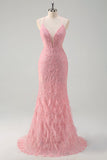 Sparkly Pink Mermaid Spaghetti Straps Sequin Long Prom Dress with Feathers Sparkly Pink Mermaid Spaghetti Straps Sequin Long Prom Dress with Feathers
