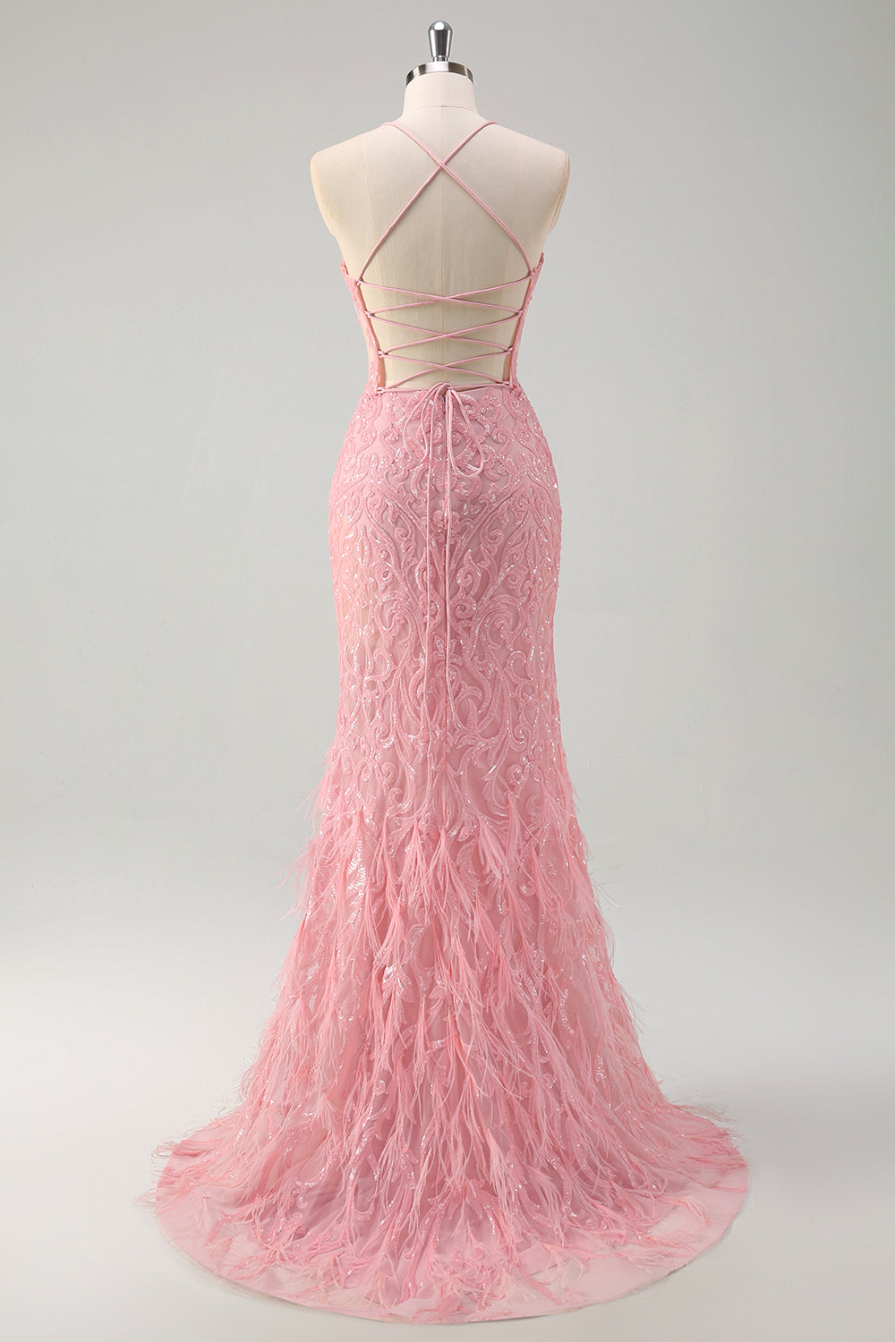 Sparkly Pink Mermaid Spaghetti Straps Sequin Long Prom Dress with Feathers Sparkly Pink Mermaid Spaghetti Straps Sequin Long Prom Dress with Feathers