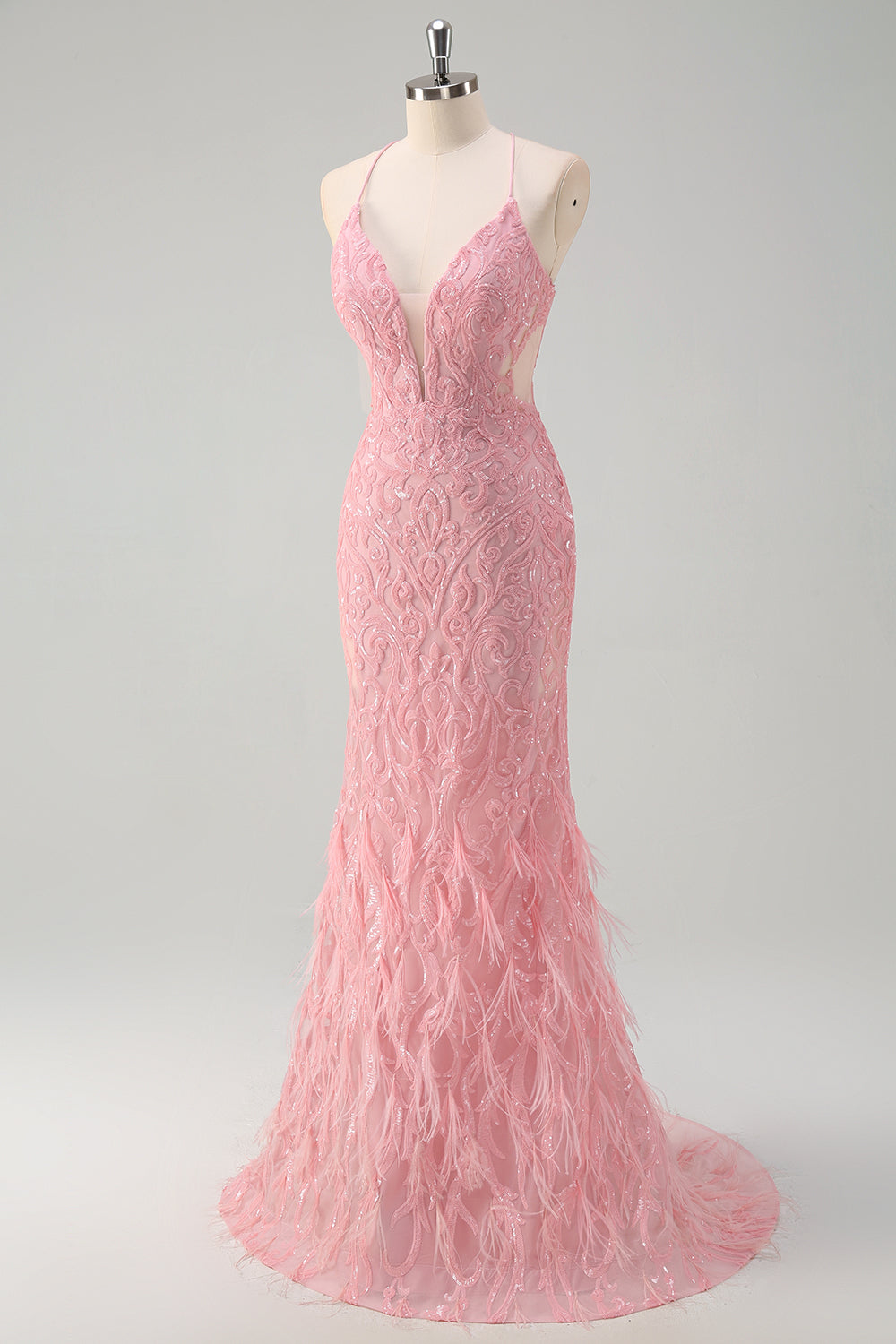 Sparkly Pink Mermaid Spaghetti Straps Sequin Long Prom Dress with Feathers Sparkly Pink Mermaid Spaghetti Straps Sequin Long Prom Dress with Feathers