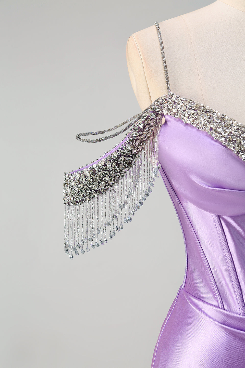 Sparkly Lilac Mermaid Cold Shoulder Tassels Satin Beaded Long Prom Dress with Slit Sparkly Lilac Mermaid Cold Shoulder Tassels Satin Beaded Long Prom Dress with Slit