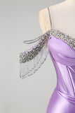 Sparkly Lilac Mermaid Cold Shoulder Tassels Satin Beaded Long Prom Dress with Slit Sparkly Lilac Mermaid Cold Shoulder Tassels Satin Beaded Long Prom Dress with Slit