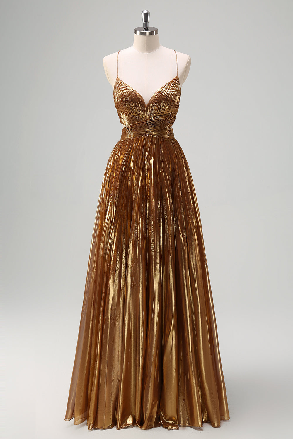 Zapakasa Women Golden Metallic Long Prom Dress A-Line Spaghetti Straps Cut Out Ruched Evening Party Dress Zapakasa Women Golden Metallic Long Prom Dress A-Line Spaghetti Straps Cut Out Ruched Evening Party Dress